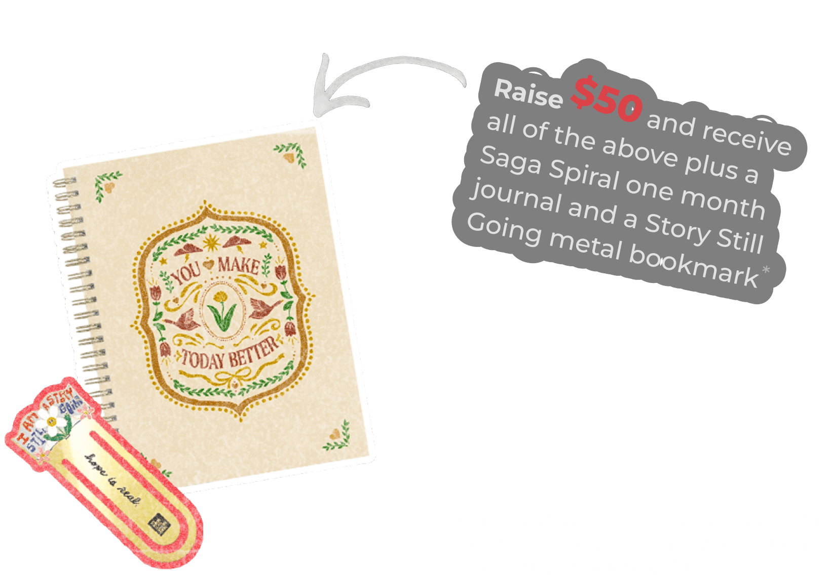 Donate or Raise $50 and receive all of the above plus a Saga Spiral one month journal and a Story Still Going metal bookmark